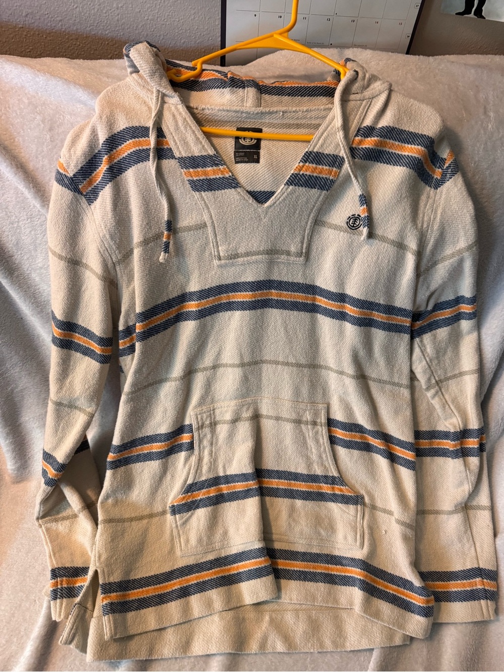 Element Men's V-Neck Hoodie Sweater - Cream with Blue & Gold Stripes